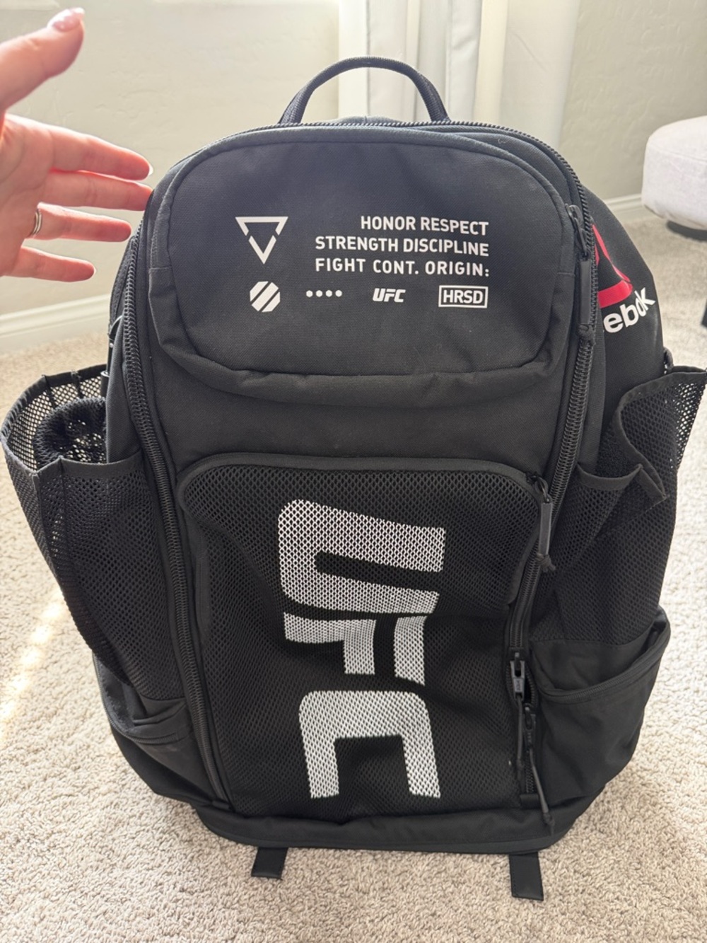 UFC Black Backpack with White Logos and Red Accents